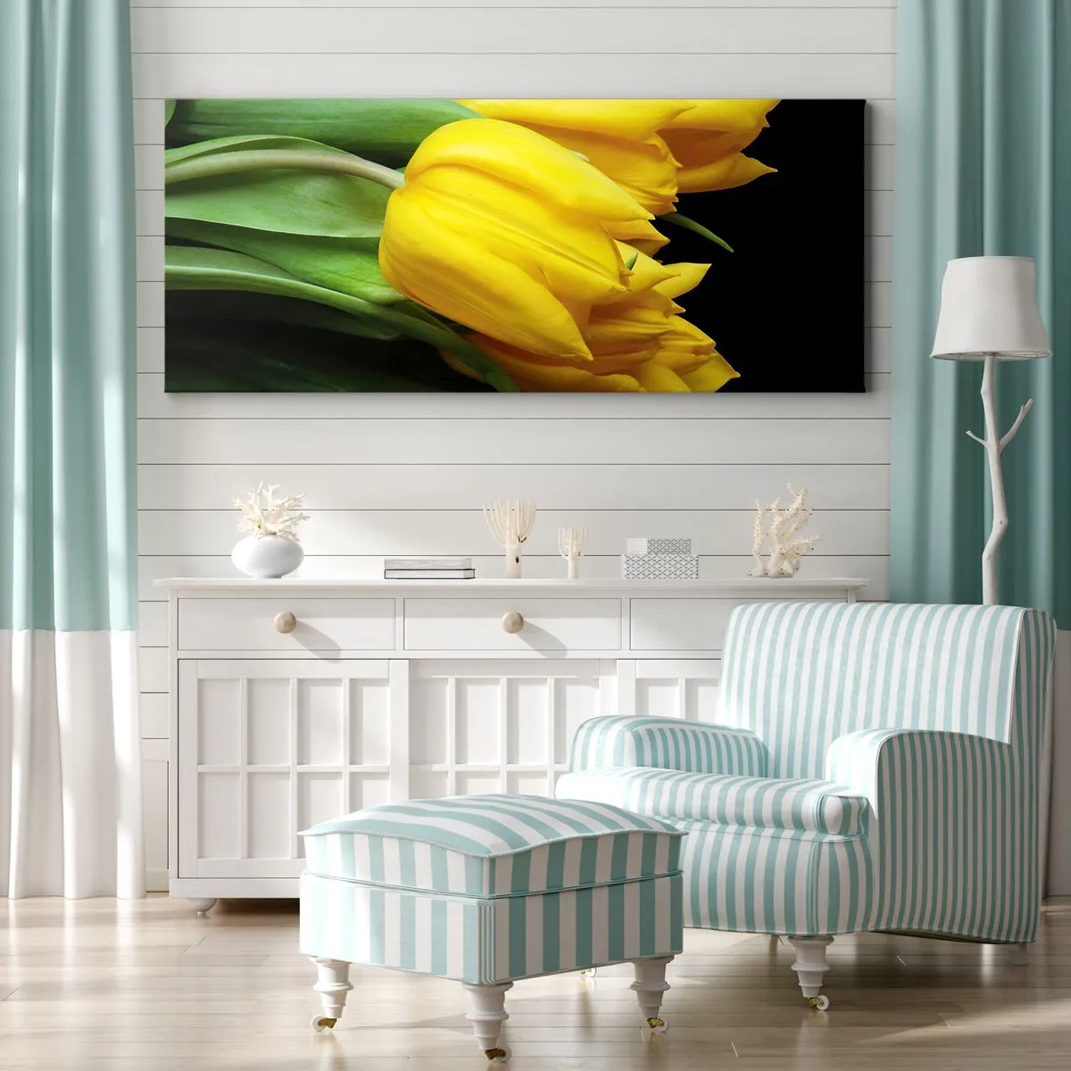 Bild auf Leinwand - Leinwandbild - Ein Strauß gelber Tulpen auf schwarzem Hintergrund - 120x50cm - Aus klarer Sonne entstanden - Moderne Wanddekoration für Wohnzimmer und Schlafzimmer ARTTOR