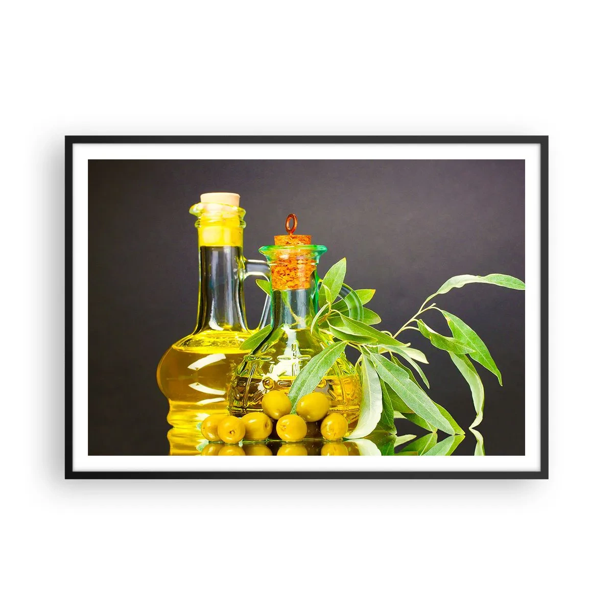 Poster in einem schwarzem Rahmen - Flaschen mit Olivenöl und Olivenbaumzweigen - 100x70cm - Stillleben mit Oliven und Olivenöl - Moderne Wanddekoration für Wohnzimmer und Schlafzimmer ARTTOR