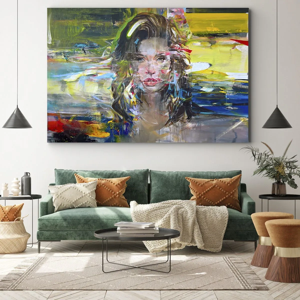 Bild auf Leinwand - Leinwandbild - Abstraktes Frauenporträt in intensiven Farben - 100x70cm - Hinter der Luft ein Vorhang - Moderne Wanddekoration für Wohnzimmer und Schlafzimmer ARTTOR