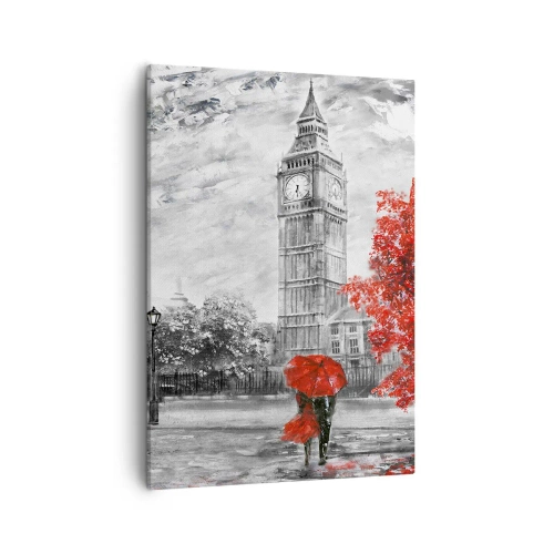 Bild auf Leinwand - Leinwandbild - Ikonische Ansicht von London mit Big Ben, einem roten Bus und einem Regenschirm - 50x70cm - Ein aufregender Tag - Moderne Wanddekoration für Wohnzimmer und Schlafzimmer ARTTOR