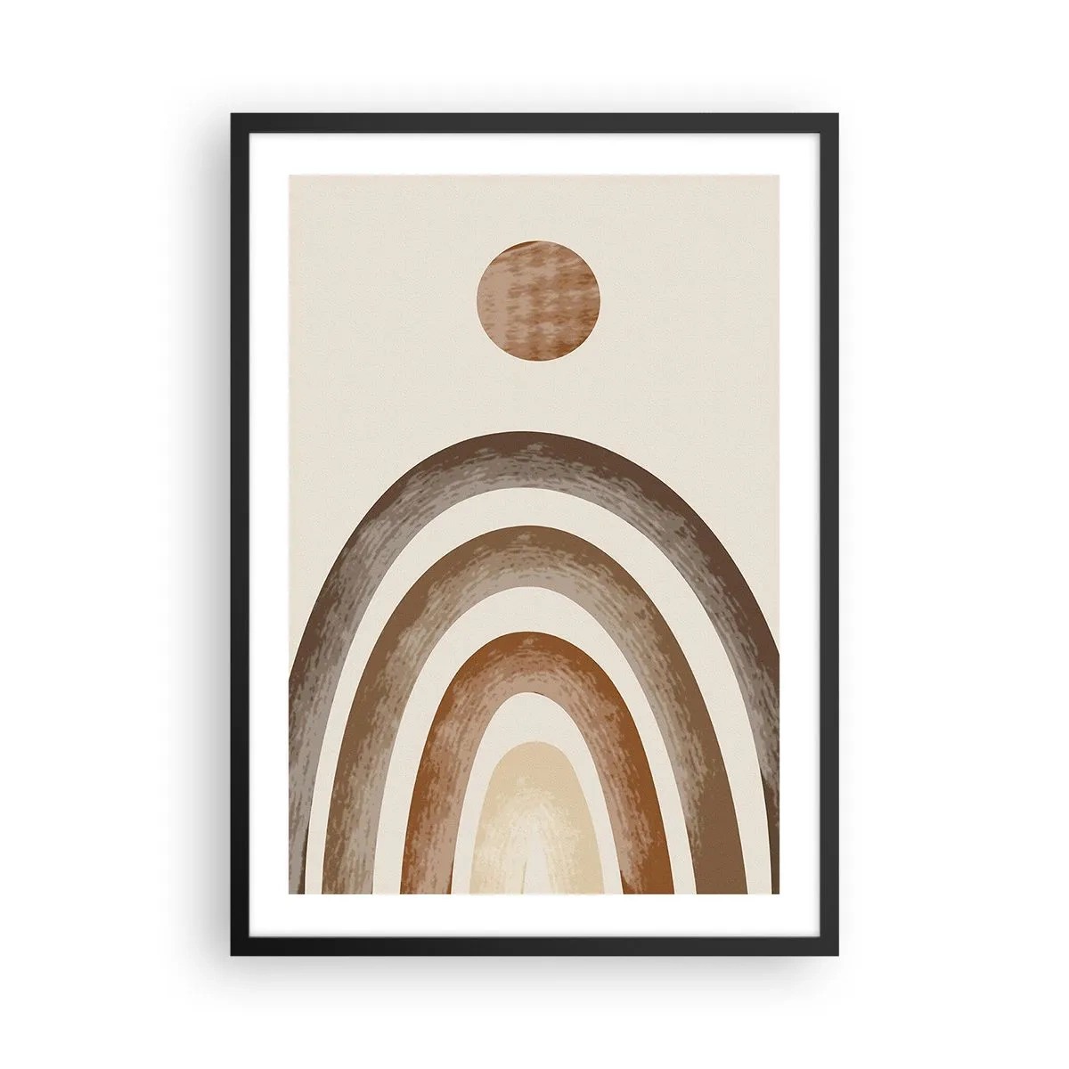 Poster in einem schwarzem Rahmen - Abstraktes Motiv aus Bögen und Sonne in Erdtönen - 50x70cm - In einer weit entfernten Galaxie - Moderne Wanddekoration für Wohnzimmer und Schlafzimmer ARTTOR
