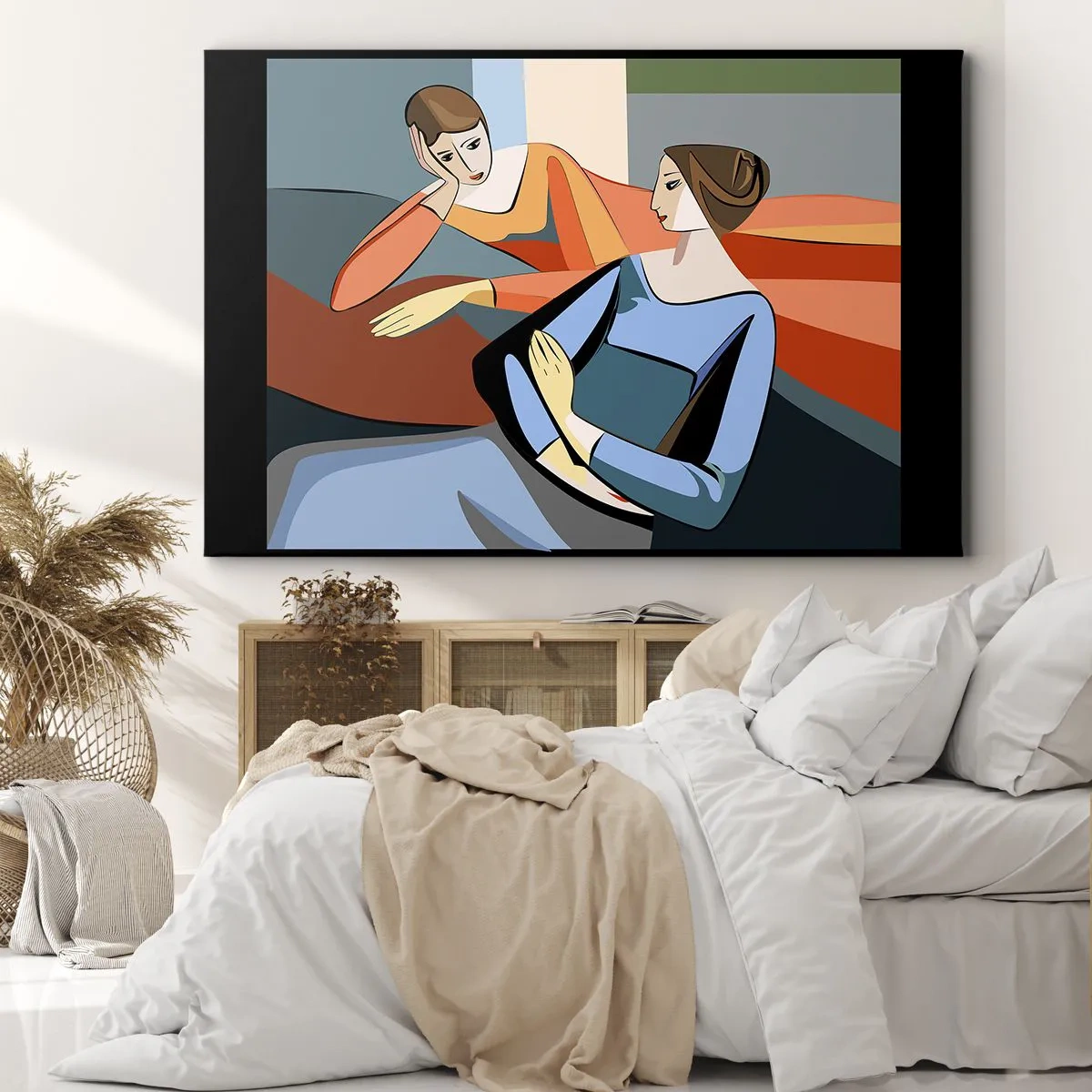Bild auf Leinwand - Leinwandbild - Abstrakte Darstellung zweier Frauen im kubistischen Stil - 100x70cm - Moment der Zuversicht - Moderne Wanddekoration für Wohnzimmer und Schlafzimmer ARTTOR