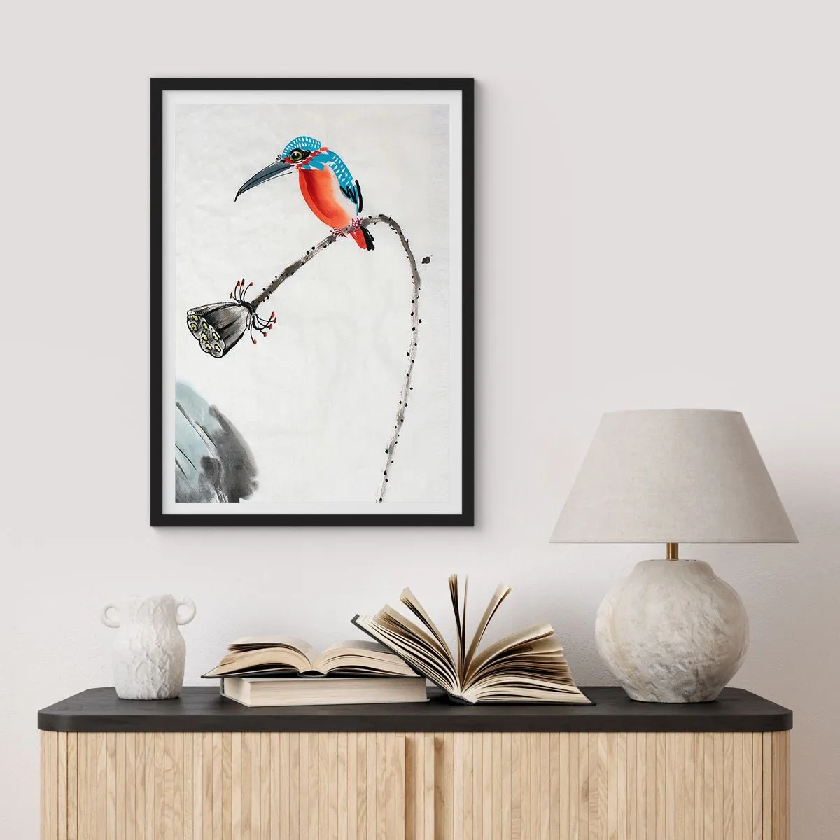 Poster in einem schwarzem Rahmen - Bunter Eisvogel auf einem Ast im Aquarellstil - 50x70cm - Das Leben der Wiese - Moderne Wanddekoration für Wohnzimmer und Schlafzimmer ARTTOR