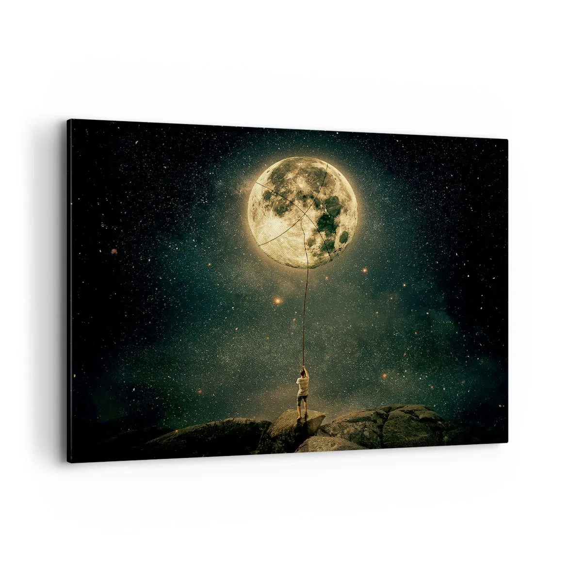 Bild auf Leinwand - Leinwandbild - Mann mit dem Mond vor dem Sternenhimmel - 100x70cm - Der Mann, der den Mond gestohlen hat - Moderne Wanddekoration für Wohnzimmer und Schlafzimmer ARTTOR