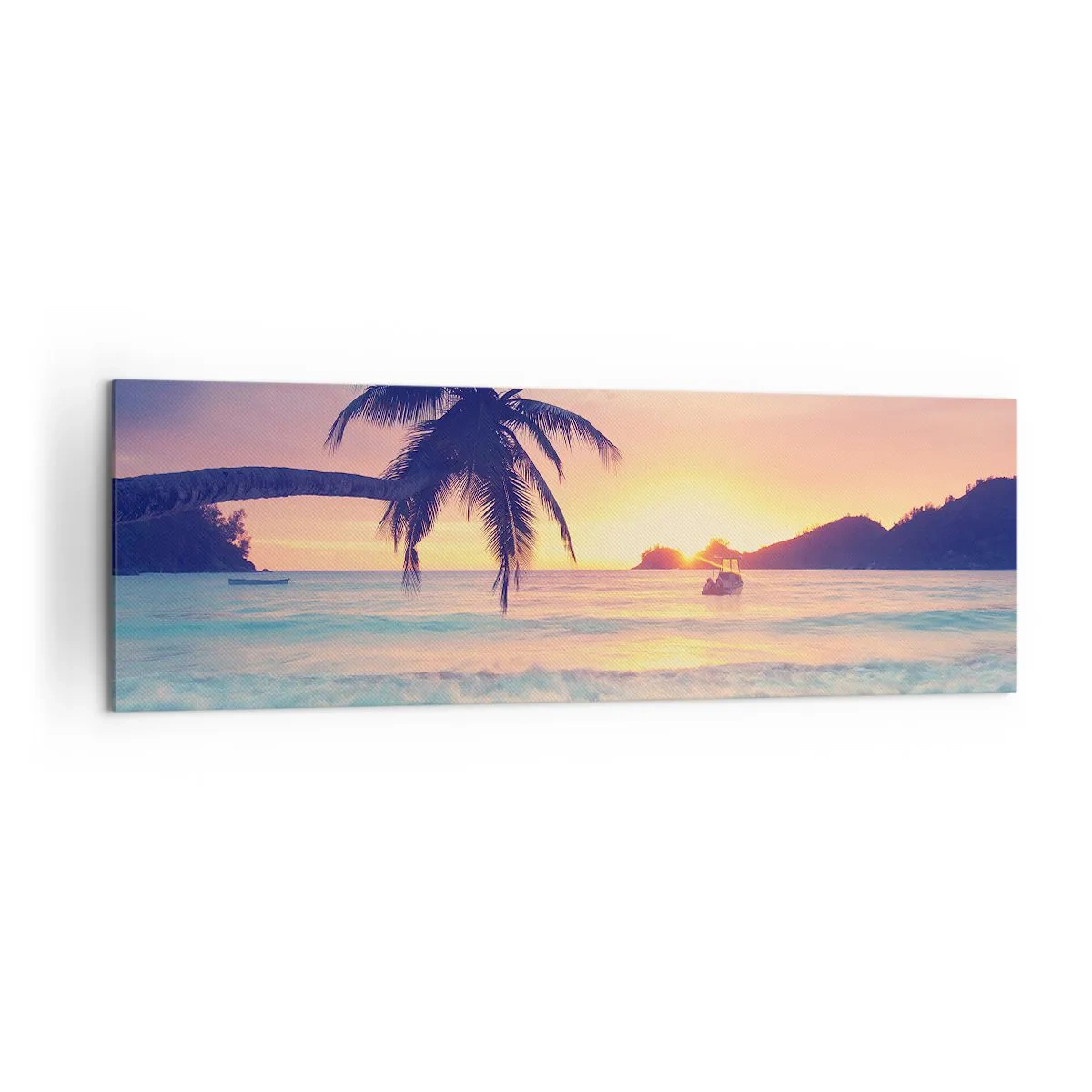 Bild auf Leinwand - Leinwandbild - Strand mit Palmen und Sonnenuntergang über dem Meer - 160x50cm - Ein Abend in der Bucht - Moderne Wanddekoration für Wohnzimmer und Schlafzimmer ARTTOR