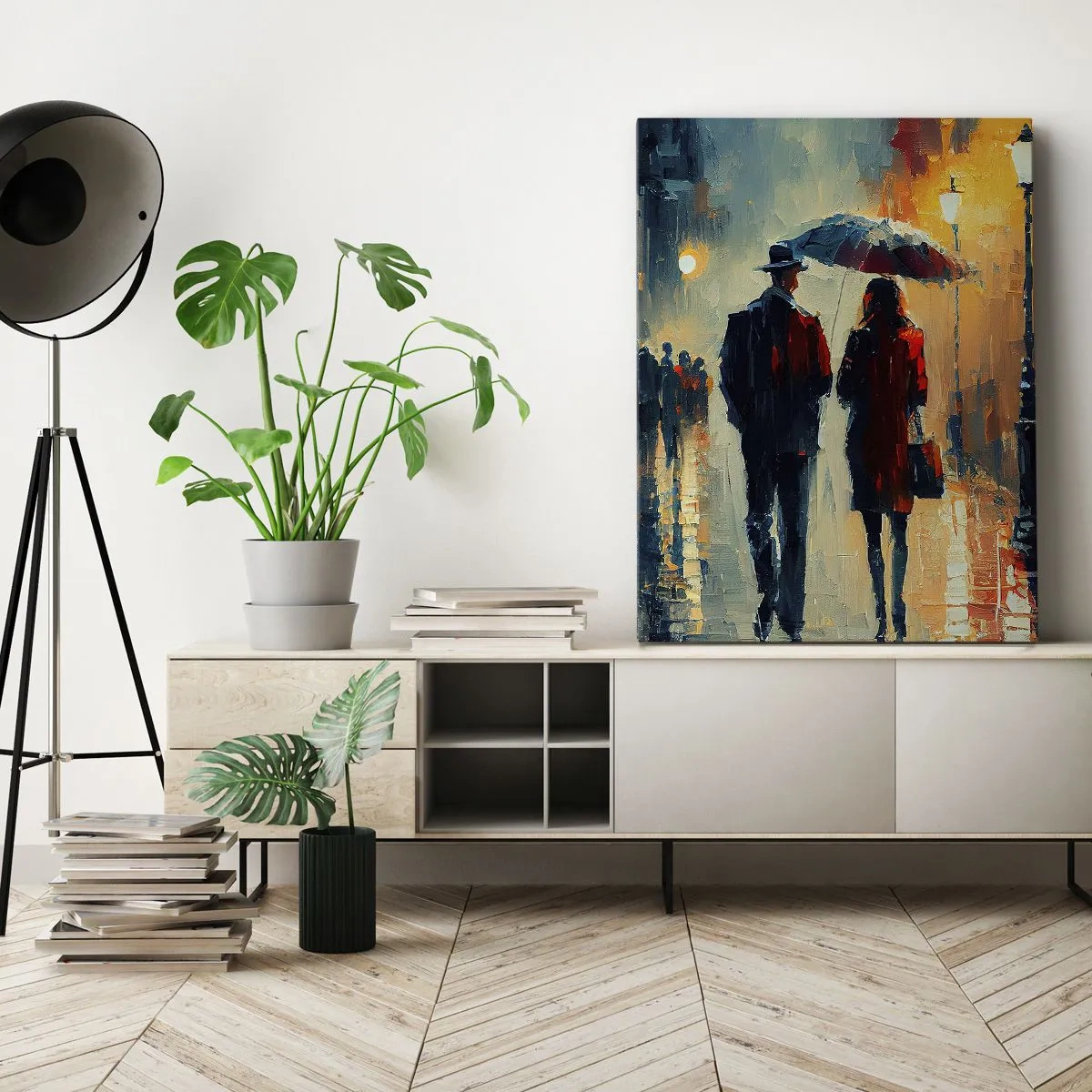 Bild auf Leinwand - Leinwandbild - Nachts im Regen unter einem Regenschirm in der Stadt spazieren gehen - 50x70cm - Urbane Liebesgeschichte - Moderne Wanddekoration für Wohnzimmer und Schlafzimmer ARTTOR