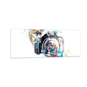 Glasbild - Bild auf glas - Aquarellkamera mit farbenfrohen Details - 140x50cm - Im Auge der Linse - Moderne Wanddekoration für Wohnzimmer und Schlafzimmer ARTTOR