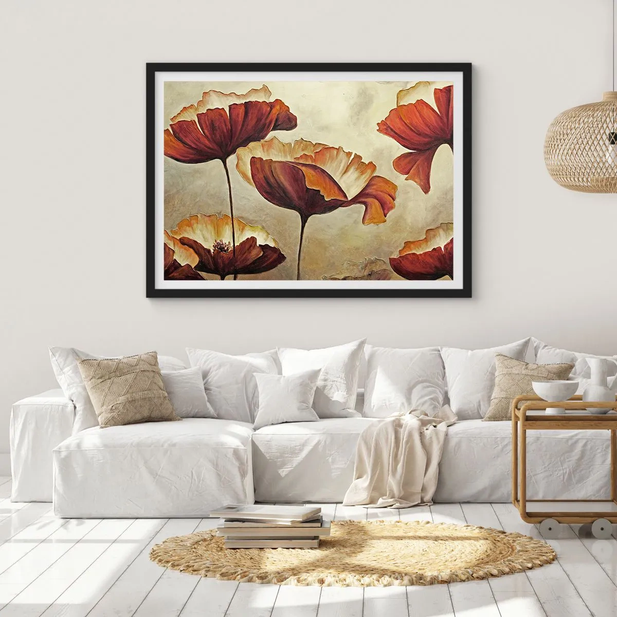 Poster in einem schwarzem Rahmen - Dezente Blumen in Rot- und Goldtönen auf hellem Untergrund - 100x70cm - Weideland - Moderne Wanddekoration für Wohnzimmer und Schlafzimmer ARTTOR