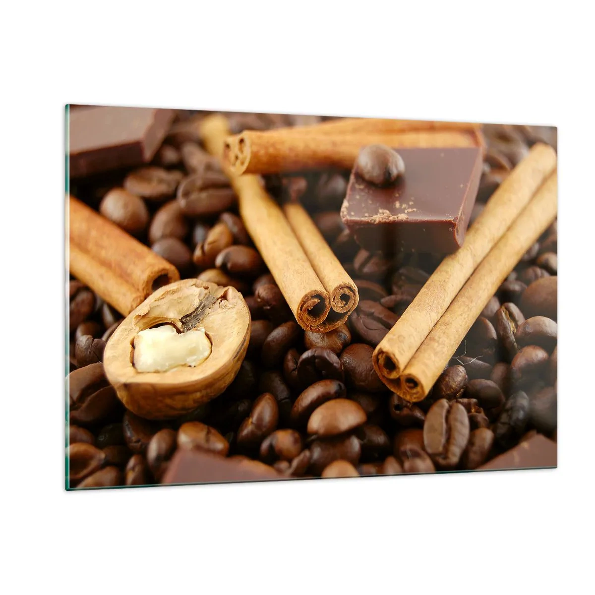 Glasbild - Bild auf glas - Nahaufnahme von Kaffee, Zimt, Schokolade und Walnüssen - 120x80cm - Konzert der Aromen - Moderne Wanddekoration für Wohnzimmer und Schlafzimmer ARTTOR