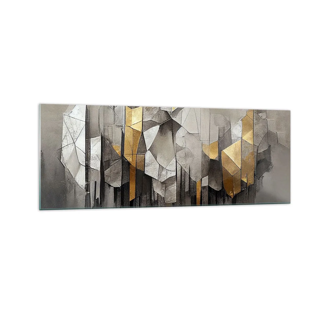 Glasbild - Bild auf glas - Geometrische Abstraktion in Gold- und Grautönen - 140x50cm - Komposition aus Eis und Licht - Moderne Wanddekoration für Wohnzimmer und Schlafzimmer ARTTOR