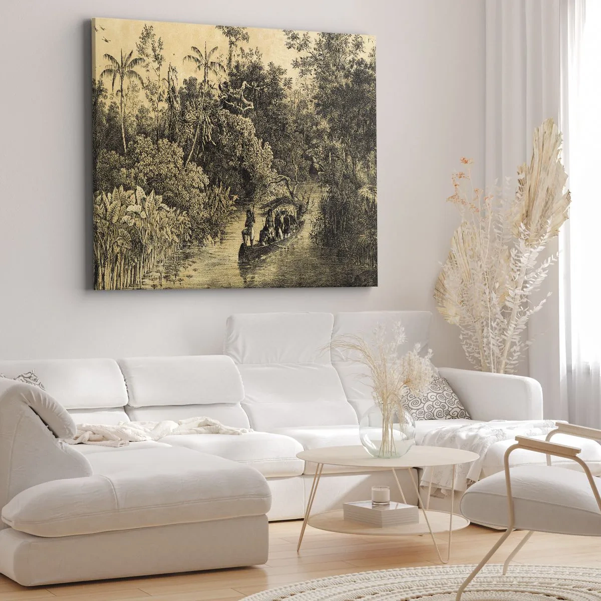 Bild auf Leinwand - Leinwandbild - Zeichnung eines Dschungels mit einem Boot auf einem Fluss - 70x50cm - Expedition zur Quelle - Moderne Wanddekoration für Wohnzimmer und Schlafzimmer ARTTOR