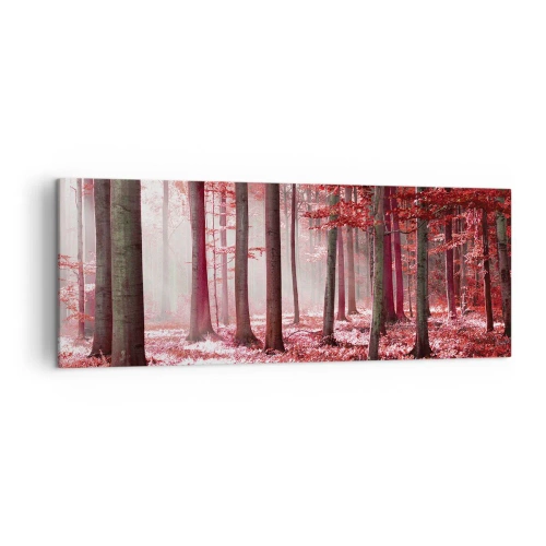 Bild auf Leinwand - Leinwandbild - Ein atemberaubender Wald in roten Farbtönen mit Lichtstrahlen, die durch die Bäume dringen - 140x50cm - Rot ist genauso schön - Moderne Wanddekoration für Wohnzimmer und Schlafzimmer ARTTOR