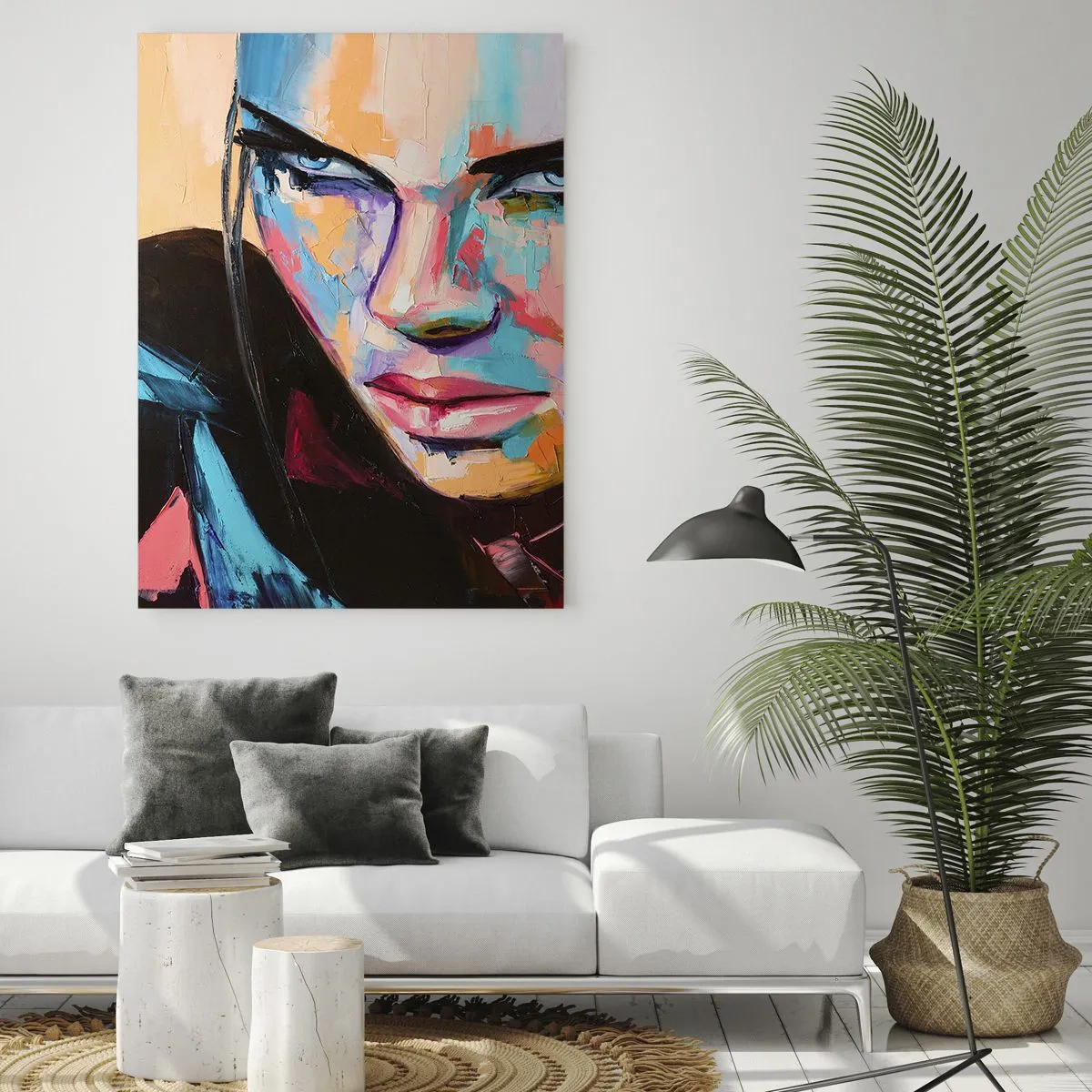 Glasbild - Bild auf glas - Porträt einer Frau in leuchtenden Farben vor abstraktem Hintergrund - 50x70cm - Wild im Herzen - Moderne Wanddekoration für Wohnzimmer und Schlafzimmer ARTTOR