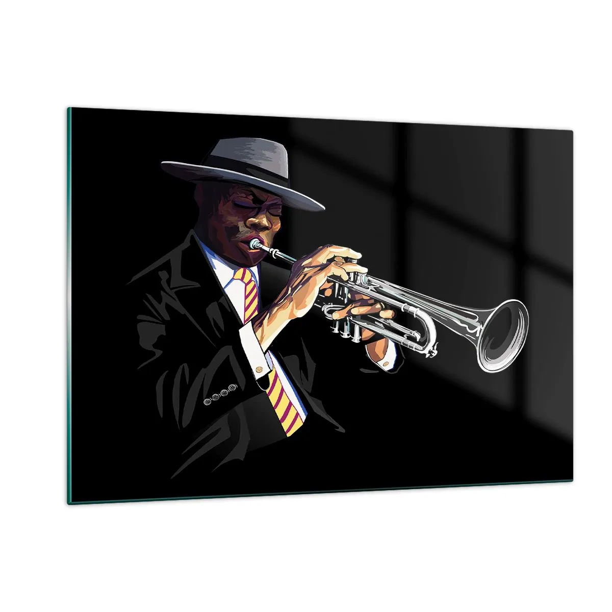 Glasbild - Bild auf glas - Ein schwarzer Musiker mit Trompete und Hut auf schwarzem Hintergrund - 120x80cm - Charme der alten Schule - Moderne Wanddekoration für Wohnzimmer und Schlafzimmer ARTTOR
