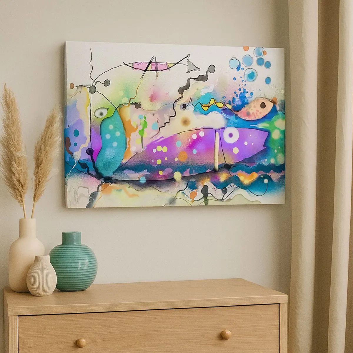 Bild auf Leinwand - Leinwandbild - Abstrakter Fisch in einer farbenfrohen, surrealen Komposition - 70x50cm - Es fehlen die Worte! - Moderne Wanddekoration für Wohnzimmer und Schlafzimmer ARTTOR