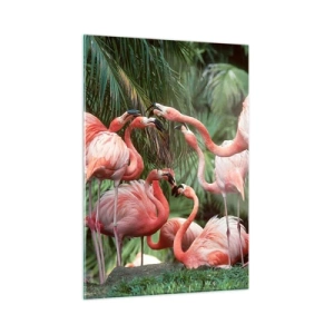 Glasbild - Bild auf glas - Flamingos inmitten tropischer Vegetation in leuchtenden Farben - 50x70cm - Nachmittagsklatsch - Moderne Wanddekoration für Wohnzimmer und Schlafzimmer ARTTOR