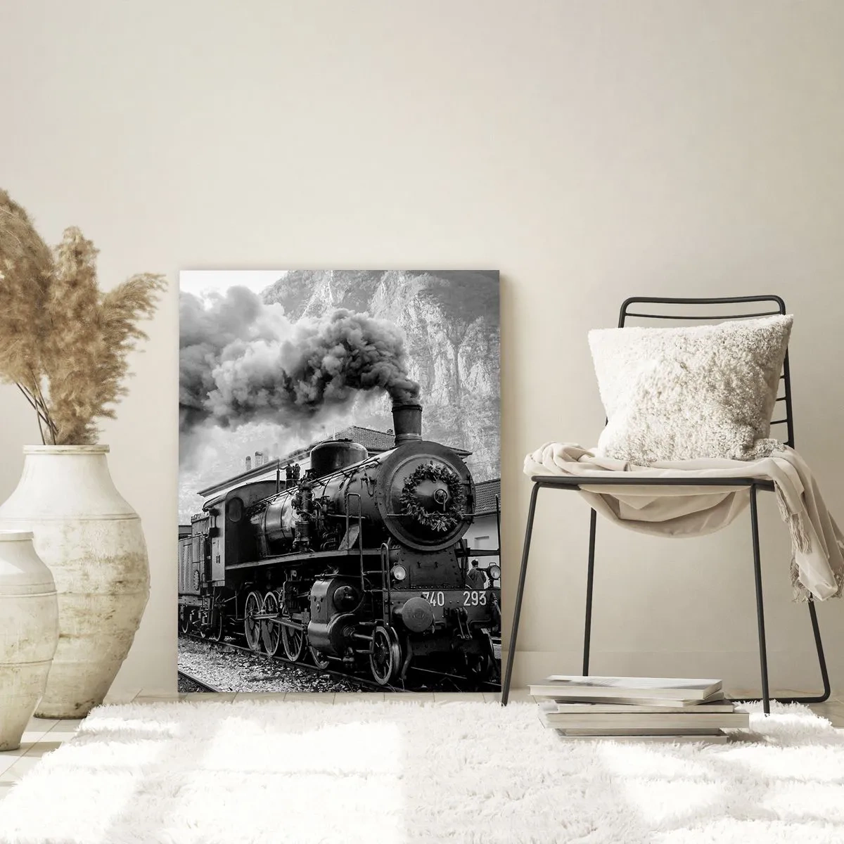 Glasbild - Bild auf glas - Eine alte Dampfeisenbahn in einer Berglandschaft - 50x70cm - Steht am Bahnhof ... - Moderne Wanddekoration für Wohnzimmer und Schlafzimmer ARTTOR
