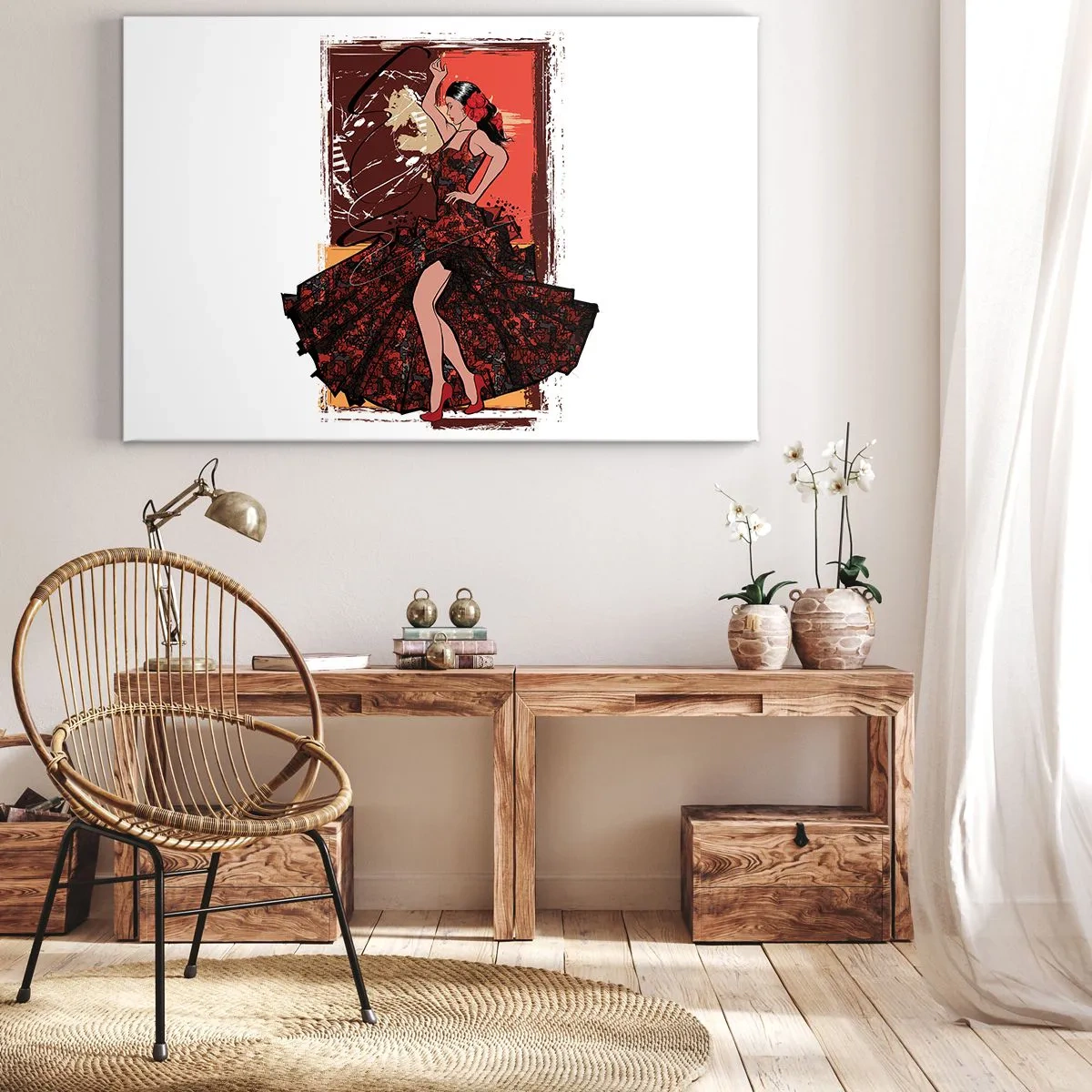 Bild auf Leinwand - Leinwandbild - Eine Tänzerin in einem rot-schwarzen Kleid vor einem künstlerischen Hintergrund - 70x50cm - Im Rhythmus des Herzens - Moderne Wanddekoration für Wohnzimmer und Schlafzimmer ARTTOR