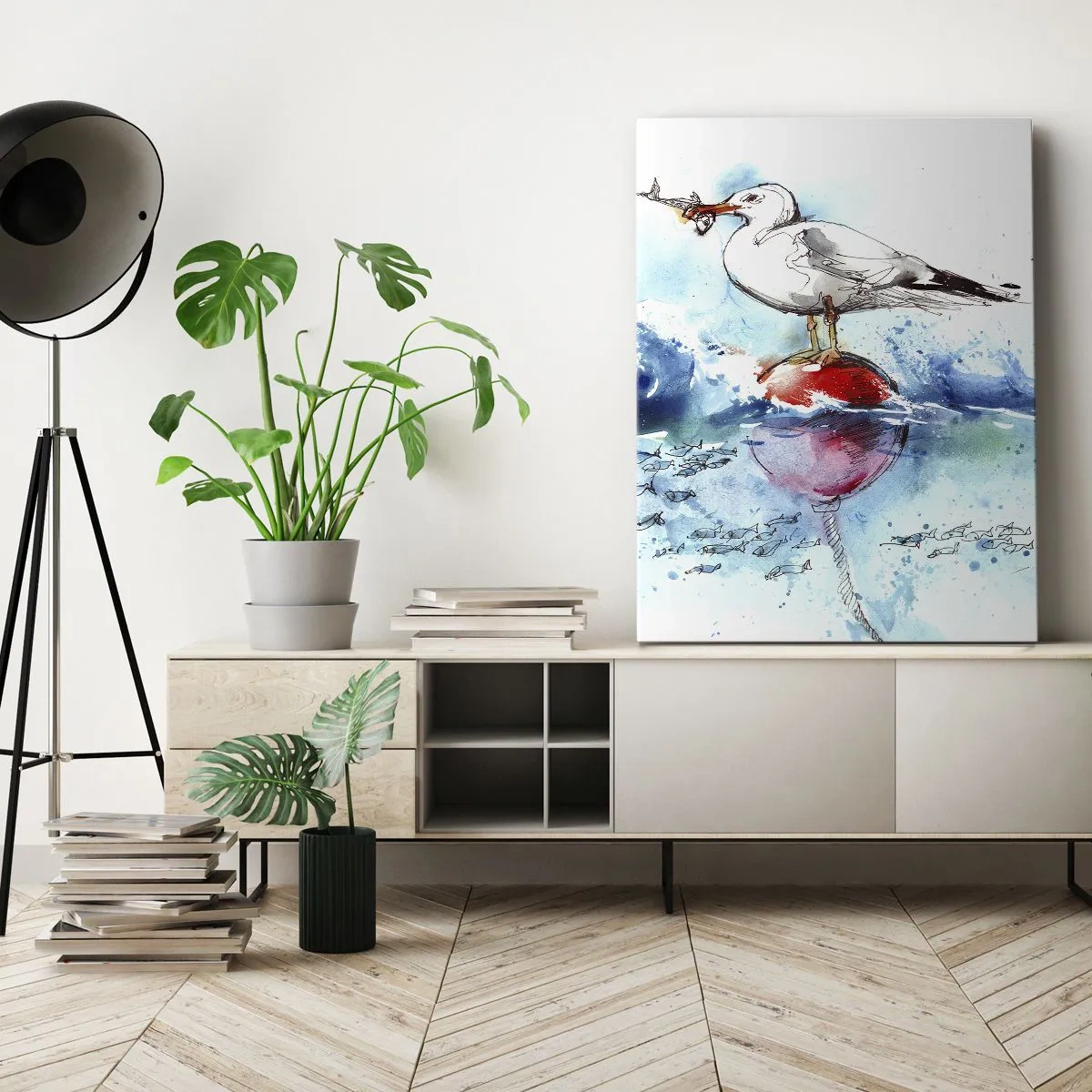 Bild auf Leinwand - Leinwandbild - Möwe auf einer Boje mit Fischen im Hintergrund im Aquarellstil - 50x70cm - Erfolgreicher Fang - Moderne Wanddekoration für Wohnzimmer und Schlafzimmer ARTTOR