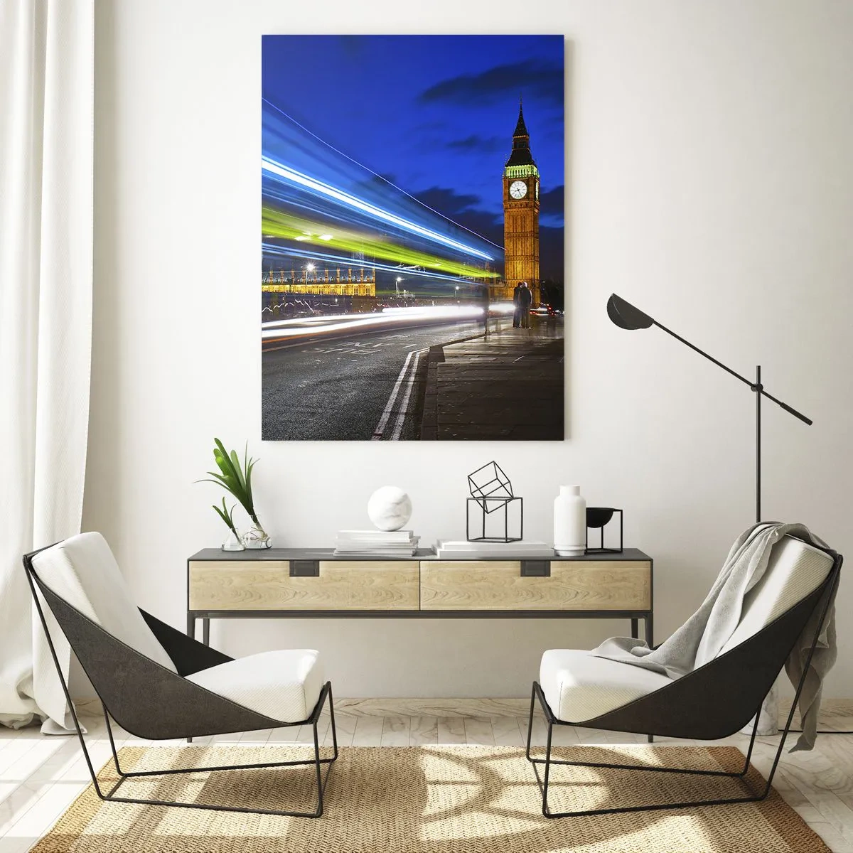 Glasbild - Bild auf glas - Big Ben bei Nacht mit der Wirkung von Lichtern im Straßenverkehr - 80x120cm - Unter den wachsamen Augen von Big Ben - Moderne Wanddekoration für Wohnzimmer und Schlafzimmer ARTTOR
