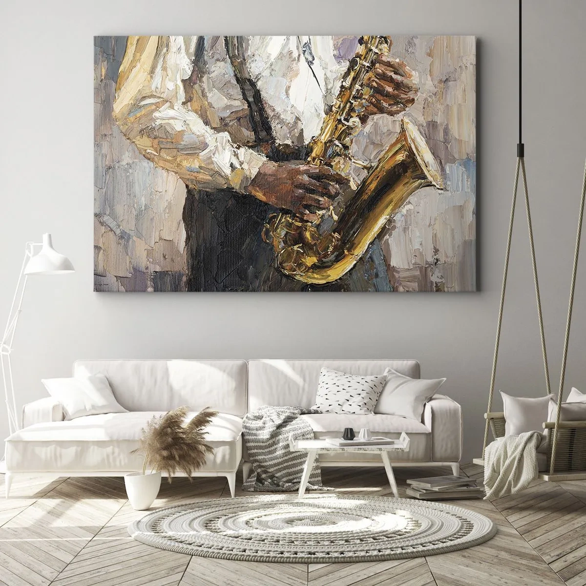 Bild auf Leinwand - Leinwandbild - Ein Musiker, der Saxophon in einem künstlerischen Stil spielt - 120x80cm - Zeit fürs Solo - Moderne Wanddekoration für Wohnzimmer und Schlafzimmer ARTTOR