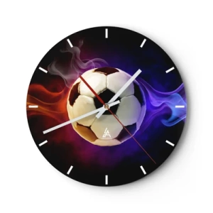 Wanduhr - Glasuhr - Ein Fußball, umgeben von bunten Flammen - 30x30cm - Die magische Kraft des Spiels - Moderne Wanddekoration für Wohnzimmer, Küche und Schlafzimmer ARTTOR
