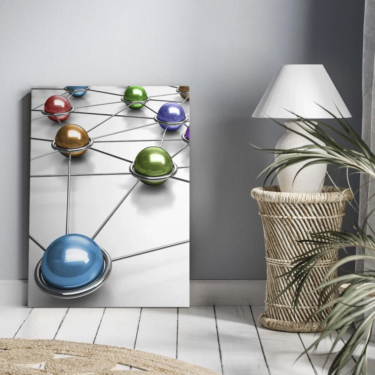 Bild auf Leinwand - Leinwandbild - Bunte Kugeln, die durch dünne Linien auf weißem Hintergrund verbunden sind - 80x120cm - Kosmisches Spinnennetz - Moderne Wanddekoration für Wohnzimmer und Schlafzimmer ARTTOR