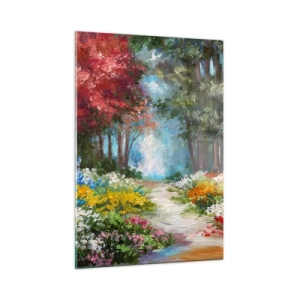 Glasbild - Bild auf glas - Ein farbenfroher Waldgarten mit blühenden Blumen - 50x70cm - Waldgarten, Blumenwald - Moderne Wanddekoration für Wohnzimmer und Schlafzimmer ARTTOR