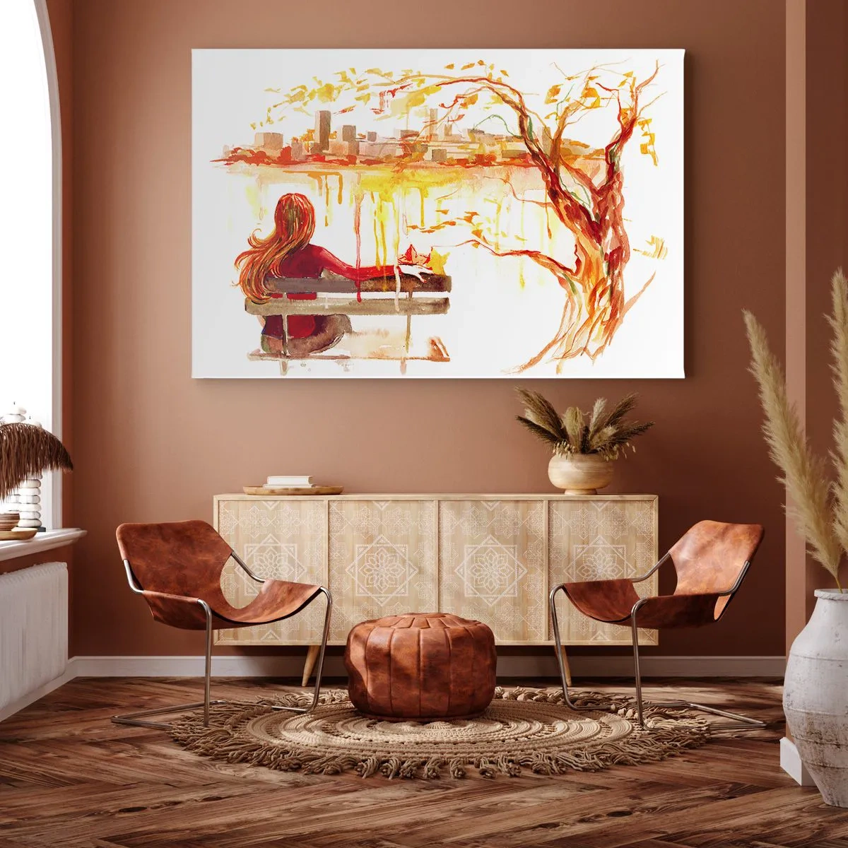 Bild auf Leinwand - Leinwandbild - Aquarellszene einer Frau auf einer Bank mit Blick auf die Stadt - 70x50cm - Ein Moment der Besinnung - Moderne Wanddekoration für Wohnzimmer und Schlafzimmer ARTTOR