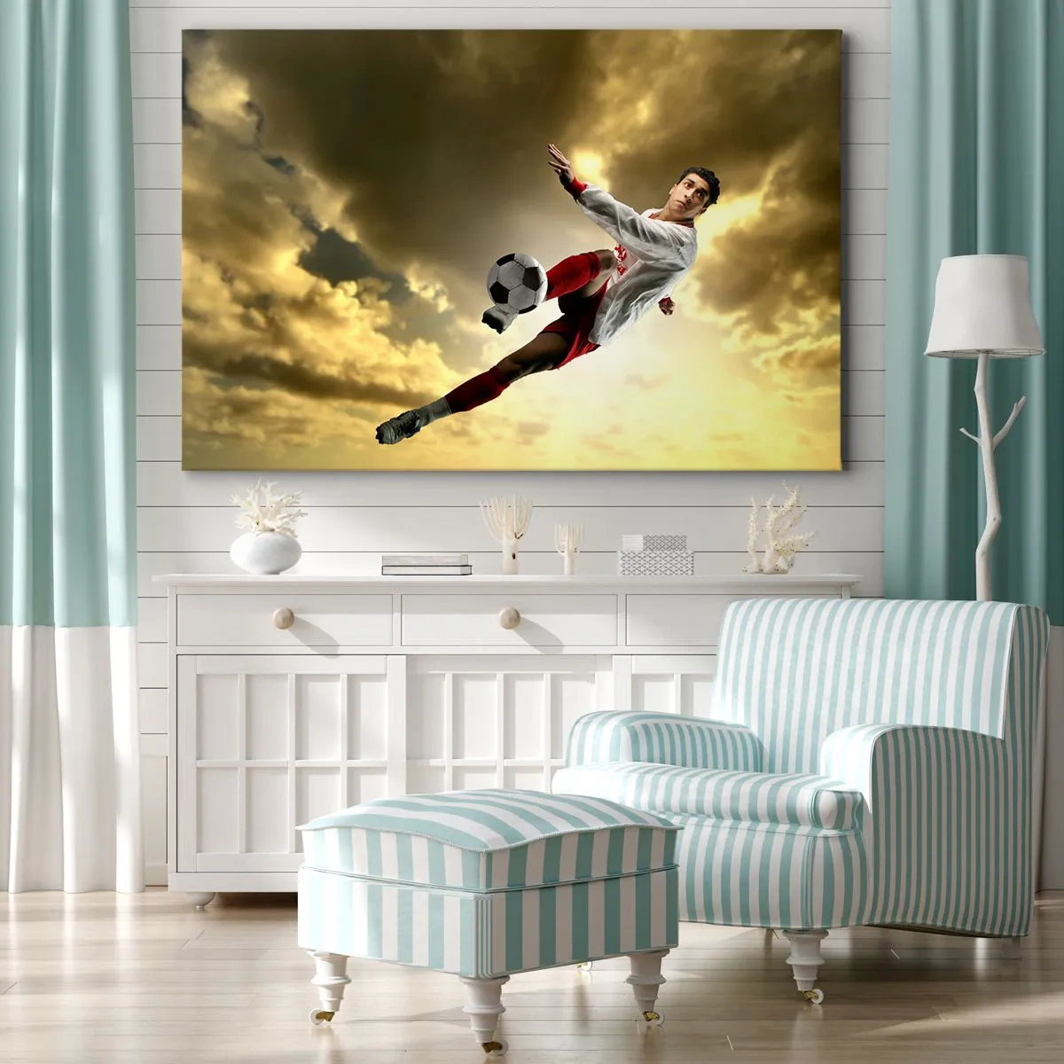 Bild auf Leinwand - Leinwandbild - Ein Fußballspieler in einem dynamischen Sprung kickt den Ball in den Himmel - 120x80cm - Fußballhimmel - Moderne Wanddekoration für Wohnzimmer und Schlafzimmer ARTTOR
