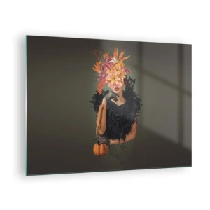 Glasbild - Bild auf glas - Figur einer Frau in Schwarz mit einem Kürbis, einer Katze und einem Blumenarrangement - 70x50cm - Der Zauber einer Hexe - Moderne Wanddekoration für Wohnzimmer und Schlafzimmer ARTTOR