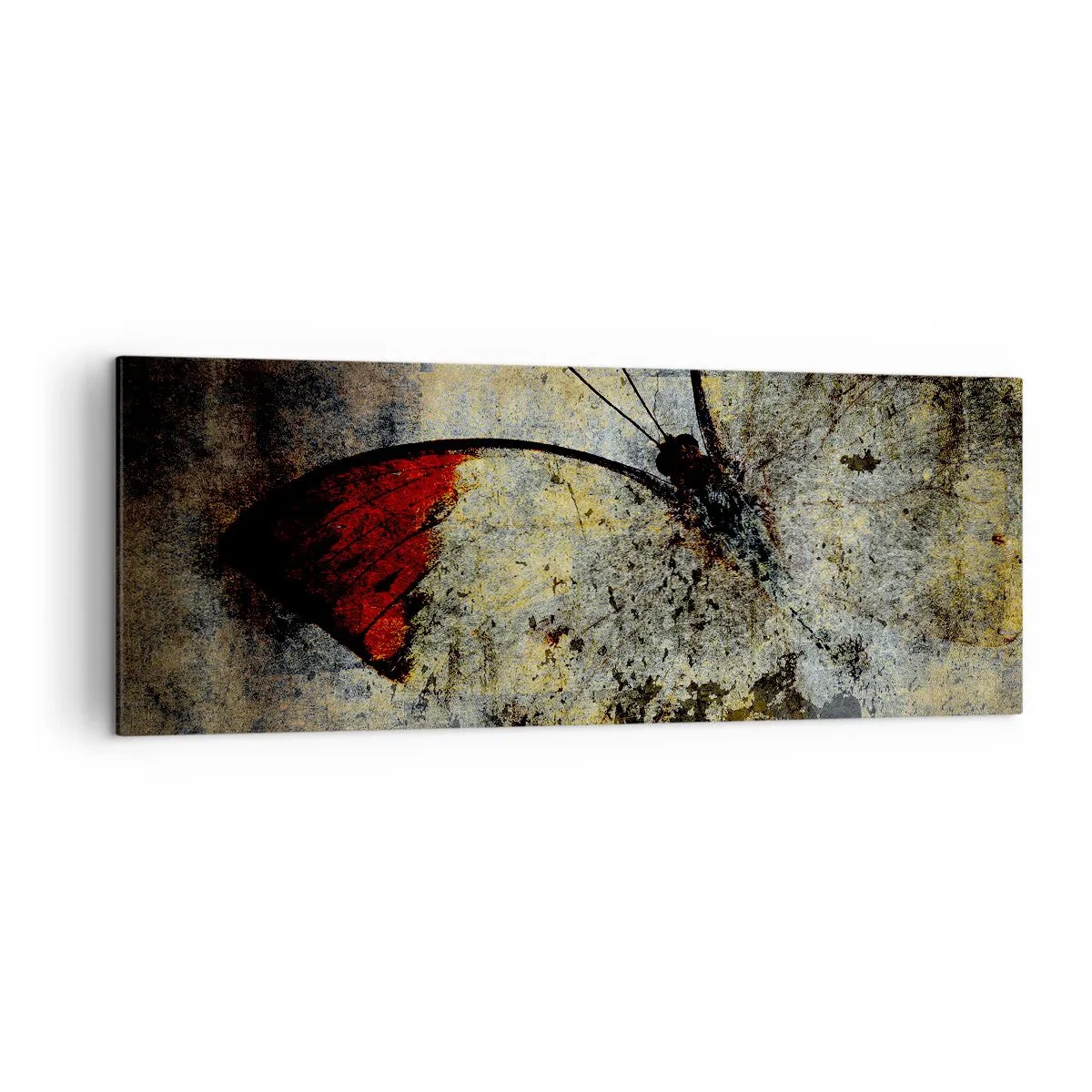 Bild auf Leinwand - Leinwandbild - Ein Schmetterling in Rot- und Grautönen auf strukturiertem Hintergrund - 140x50cm - Pass auf, bevor ich verschwinde - Moderne Wanddekoration für Wohnzimmer und Schlafzimmer ARTTOR
