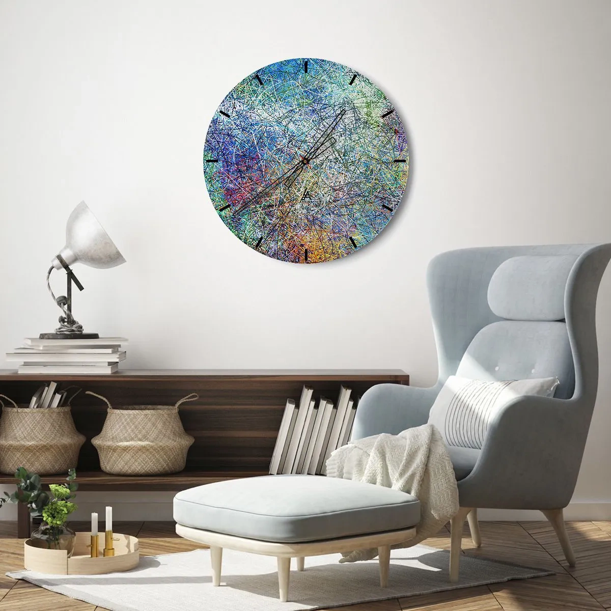 Wanduhr - Glasuhr - Ein abstraktes, farbenfrohes Motiv mit chaotischen Linien und Punkten. - 30x30cm - Es ist nicht so einfach - Moderne Wanddekoration für Wohnzimmer, Küche und Schlafzimmer ARTTOR