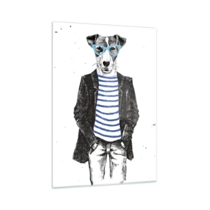 Glasbild - Bild auf glas - Illustration eines Hundes mit Matrosenhemd und Brille auf weißem Hintergrund - 50x70cm - Auf den Charme des Hundes - Moderne Wanddekoration für Wohnzimmer und Schlafzimmer ARTTOR