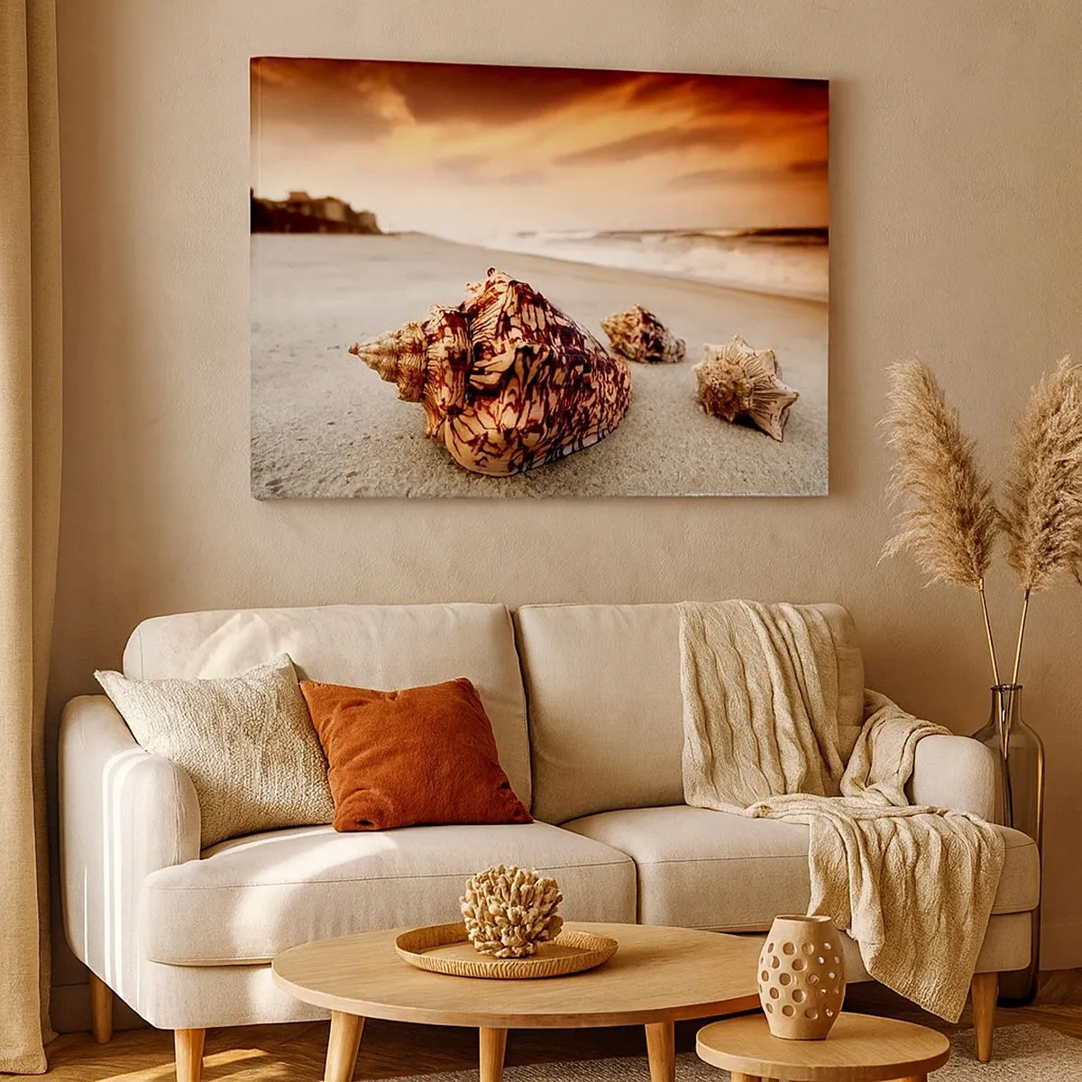 Bild auf Leinwand - Leinwandbild - Muscheln am Strand bei Sonnenuntergang - 70x50cm - Ausgestoßene von Wellen - Moderne Wanddekoration für Wohnzimmer und Schlafzimmer ARTTOR