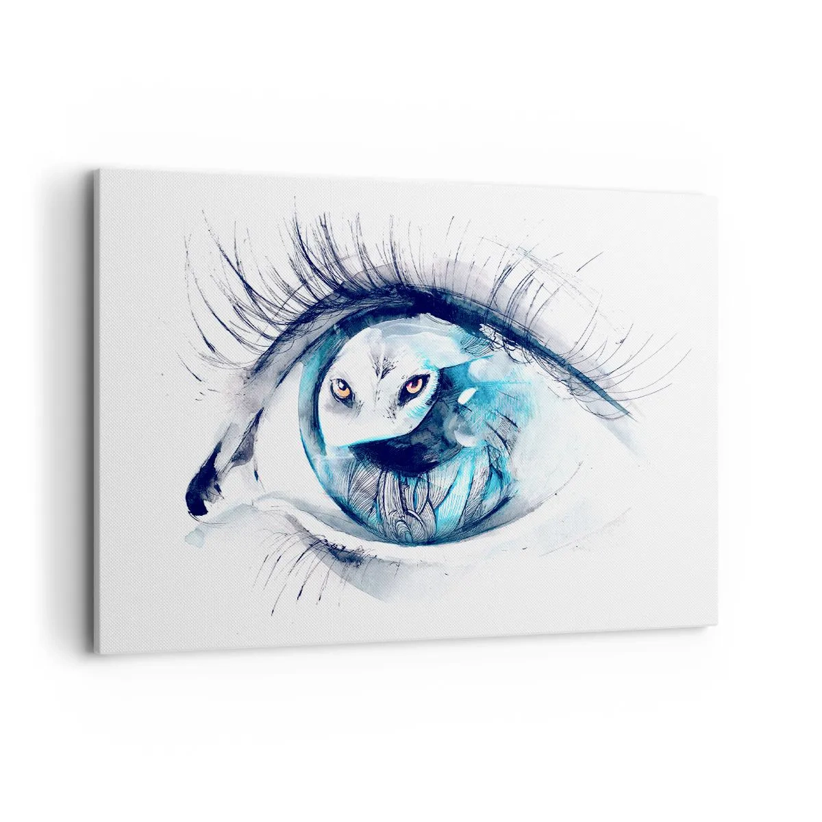 Bild auf Leinwand - Leinwandbild - Ein Auge mit dem Bild einer Eule in Aquarell-Blautönen - 100x70cm - Auge in Auge mit Wildheit - Moderne Wanddekoration für Wohnzimmer und Schlafzimmer ARTTOR