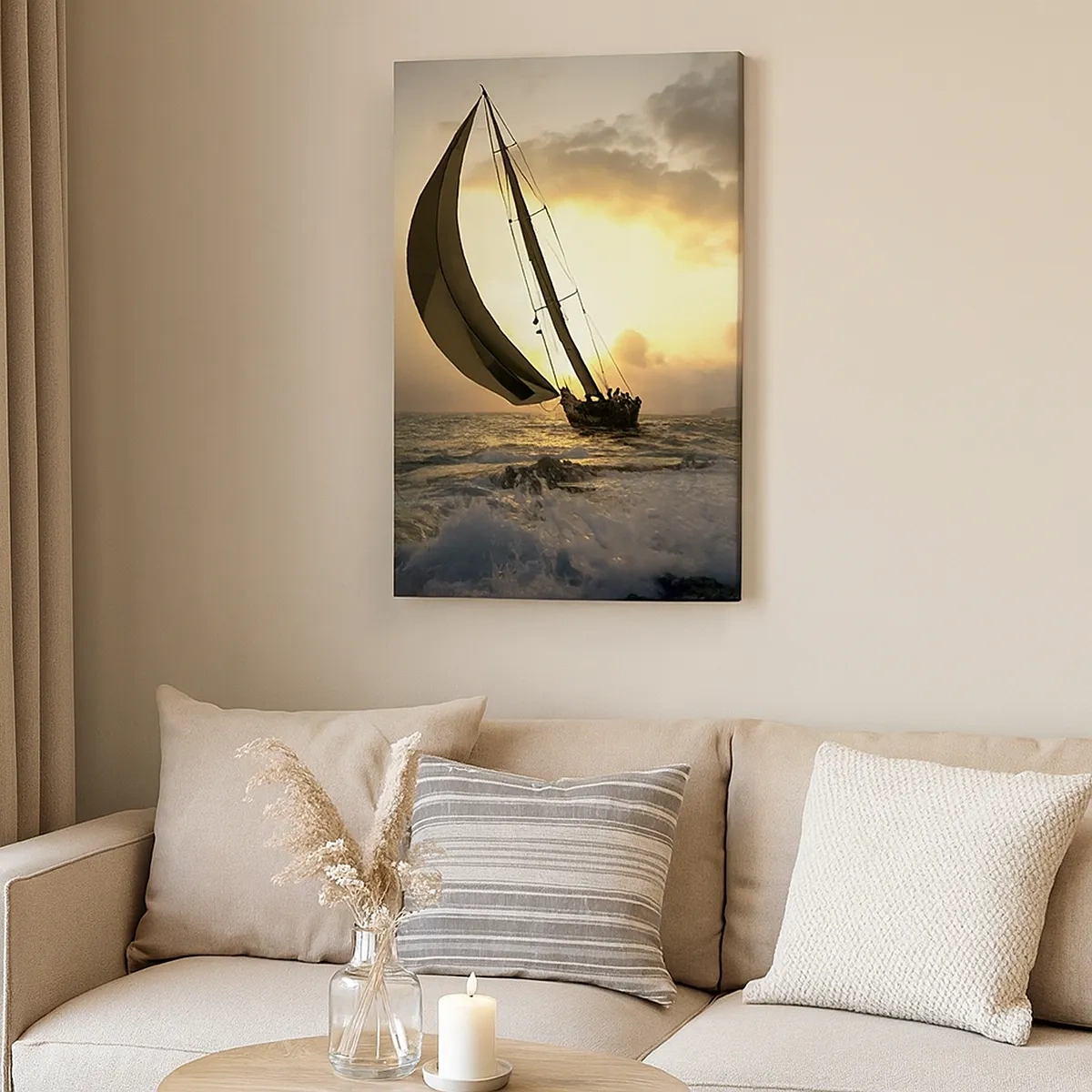 Bild auf Leinwand - Leinwandbild - Segelboote auf See bei Sonnenuntergang - 50x70cm - Mit dem Wind und gegen den Wind - Moderne Wanddekoration für Wohnzimmer und Schlafzimmer ARTTOR