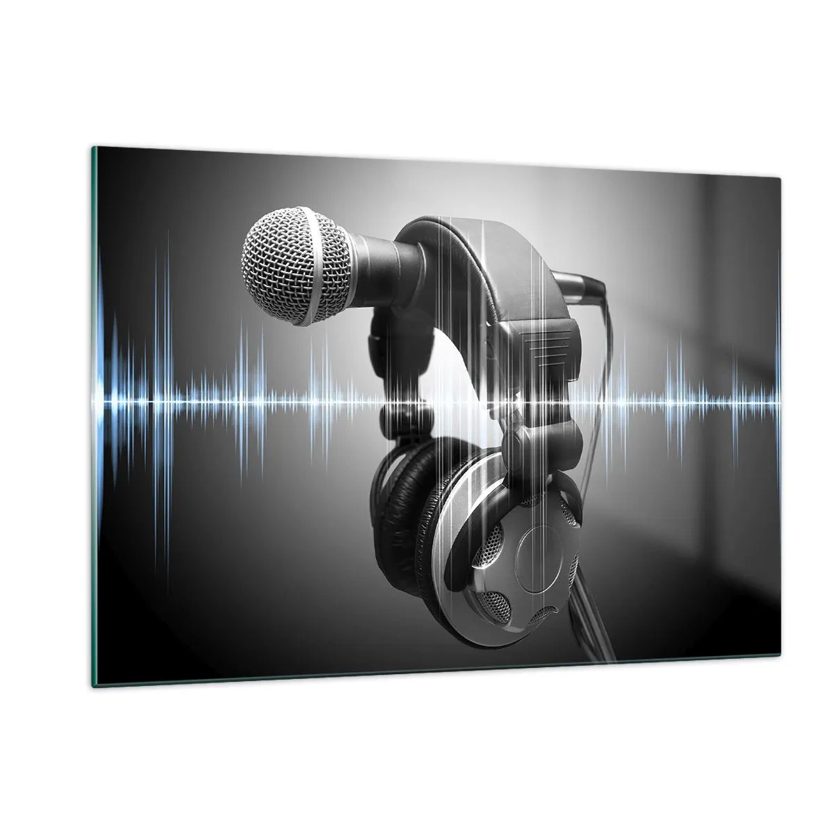 Glasbild - Bild auf glas - Mikrofon mit Kopfhörern vor einem Hintergrund aus Schallwellen - 120x80cm - Du kannst immer noch den Gesang hören - Moderne Wanddekoration für Wohnzimmer und Schlafzimmer ARTTOR