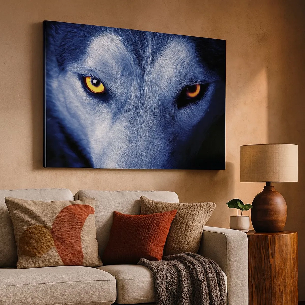 Bild auf Leinwand - Leinwandbild - Nahaufnahme des intensiven Blicks eines Wolfes vor dunklem Hintergrund - 70x50cm - Faszinierender Blick - Moderne Wanddekoration für Wohnzimmer und Schlafzimmer ARTTOR
