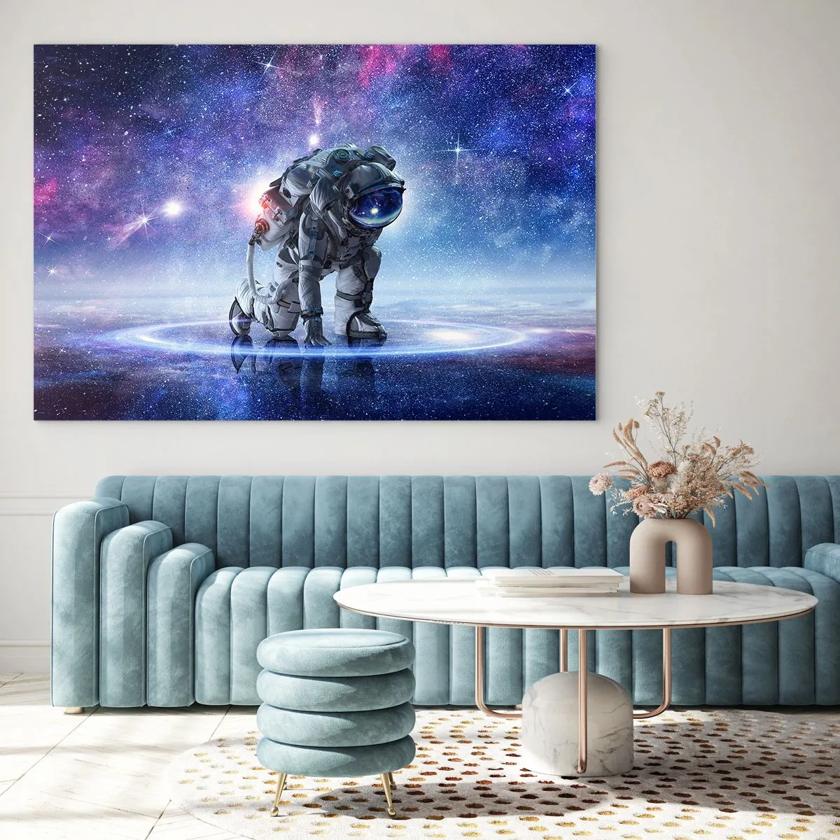 Glasbild - Bild auf glas - Astronaut im Weltraum vor dem Sternenhimmel - 70x50cm - Der Sternenhimmel über mir - Moderne Wanddekoration für Wohnzimmer und Schlafzimmer ARTTOR