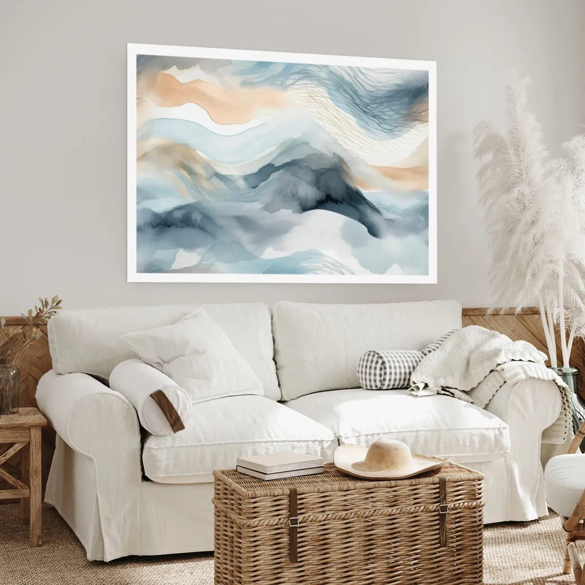 Poster - Eine zarte Abstraktion mit Bergmotiv in Pastelltönen. - 100x70cm - Verschneite und neblige Abstraktion - Moderne Wanddekoration für Wohnzimmer und Schlafzimmer ARTTOR