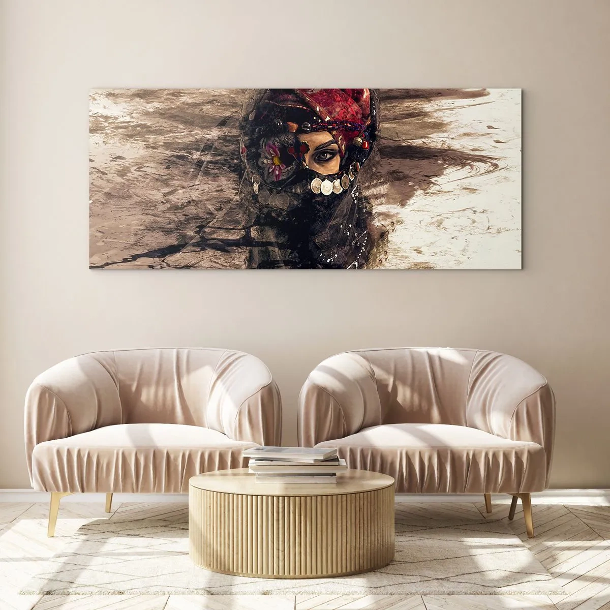 Glasbild - Bild auf glas - Künstlerisches Porträt einer Frau in orientalischer Kleidung vor abstraktem Hintergrund. - 120x50cm - Gelinde gesagt besorgniserregend - Moderne Wanddekoration für Wohnzimmer und Schlafzimmer ARTTOR