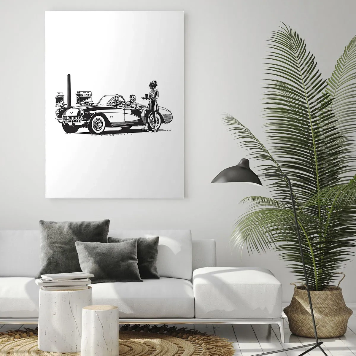 Glasbild - Bild auf glas - Eine schwarz-weiße Retro-Szene mit einem Auto und einer Kellnerin auf Rollschuhen. - 70x100cm - 60. - unbeschwertes Amerika - Moderne Wanddekoration für Wohnzimmer und Schlafzimmer ARTTOR