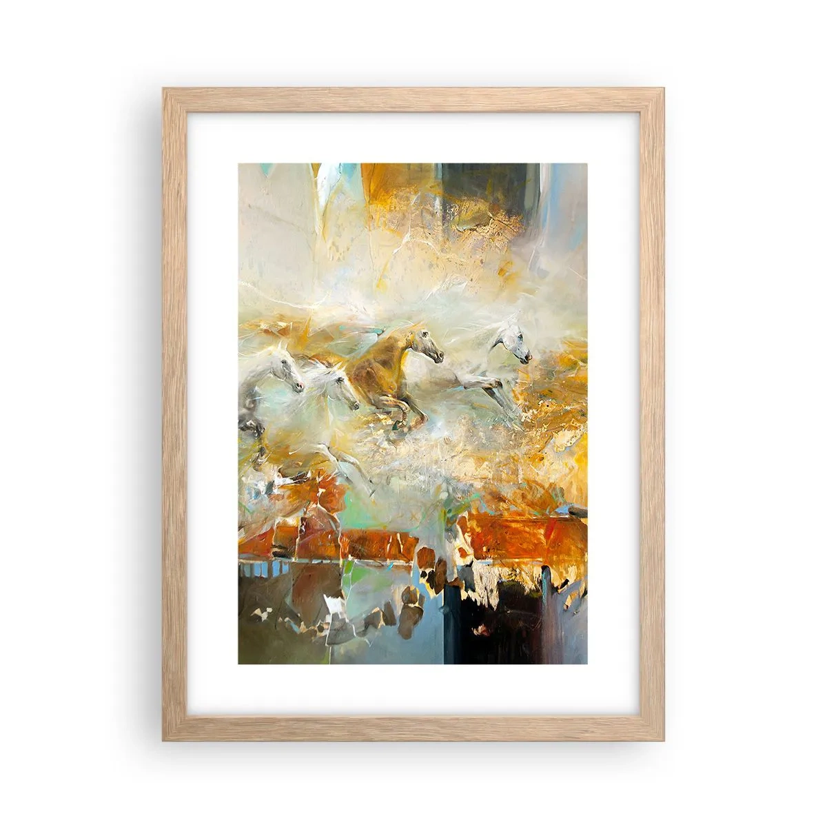 Poster in einem Rahmen aus heller Eiche - Im Galopp durch das Licht - 30x40 cm