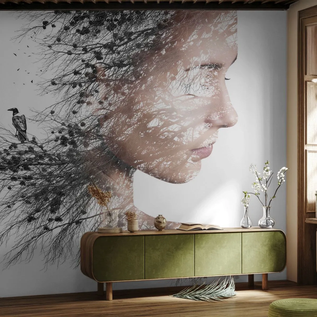 Selbstklebende Fototapete Deluxe Sticker - Der Geist des Waldes - Abstraktion, Das Gesicht einer Frau, Baum - 500x350 cm