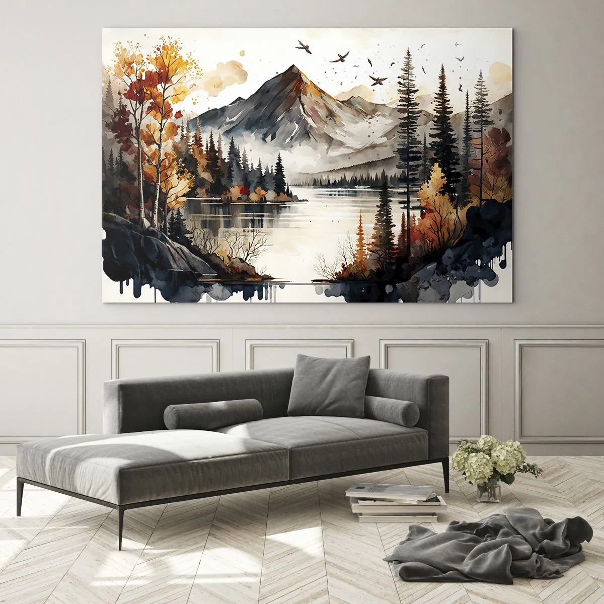 Glasbild - Bild auf glas - Herbstliche Berglandschaft mit See und Wald - 120x80cm - Goldener Herbst in den Bergen - Moderne Wanddekoration für Wohnzimmer und Schlafzimmer ARTTOR