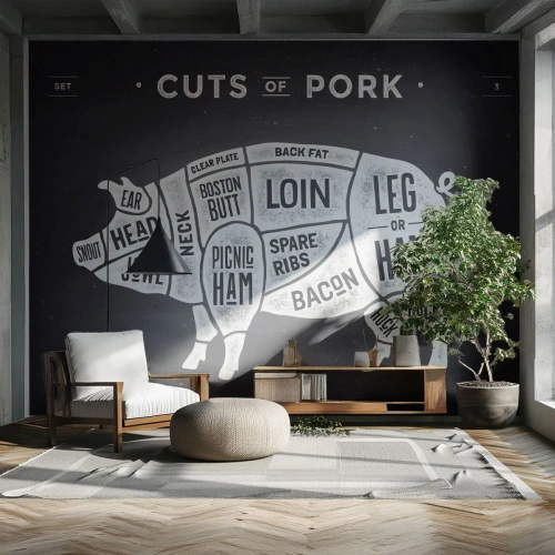 Fototapete Premium Sand - Metzger Grundierung - Gastronomie, Tier Schwein, Schweinefleisch - 400x280 cm