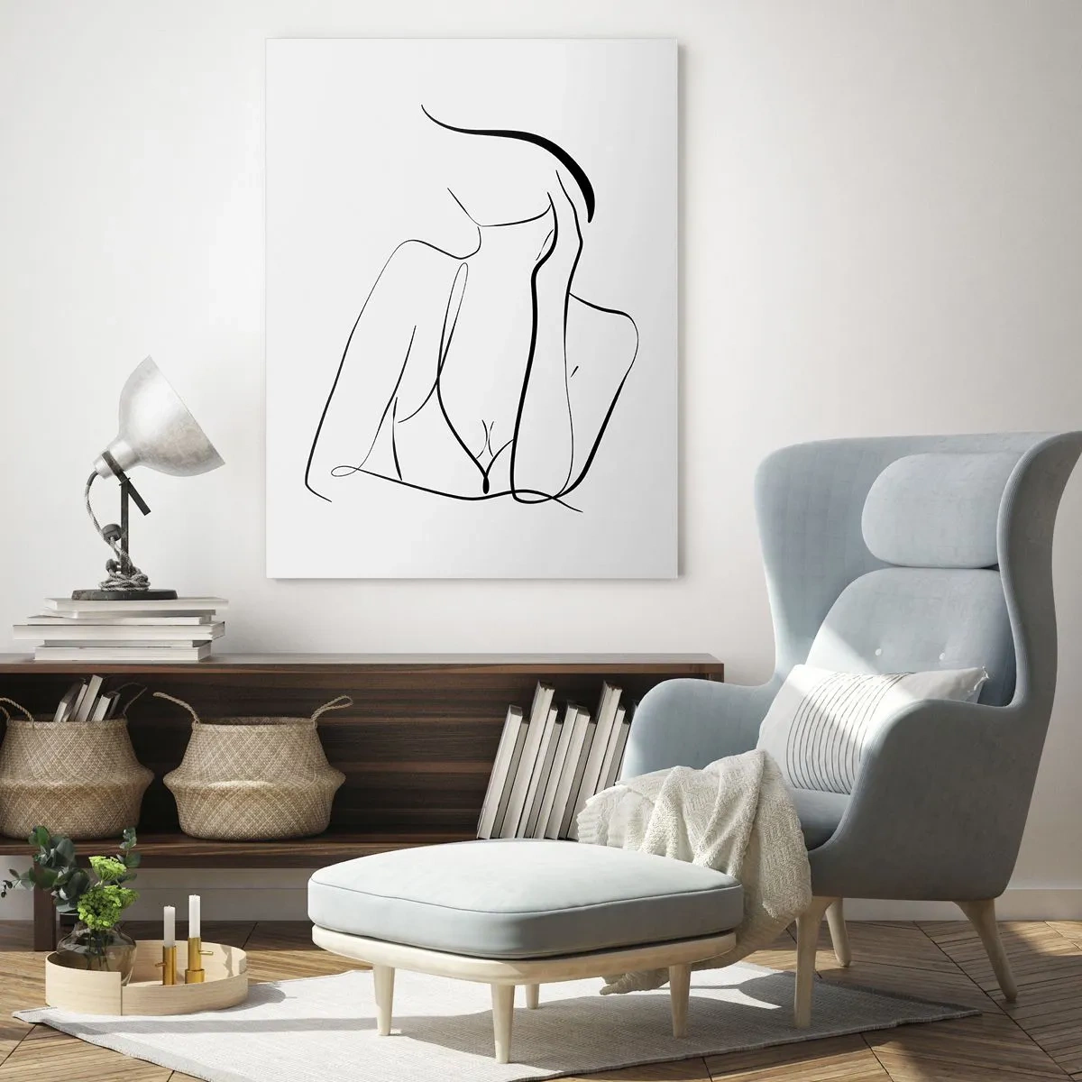 Glasbild - Bild auf glas - Eine zarte Skizze einer weiblichen Silhouette im minimalistischen Stil - 80x120cm - Auf der Traumwelle - Moderne Wanddekoration für Wohnzimmer und Schlafzimmer ARTTOR