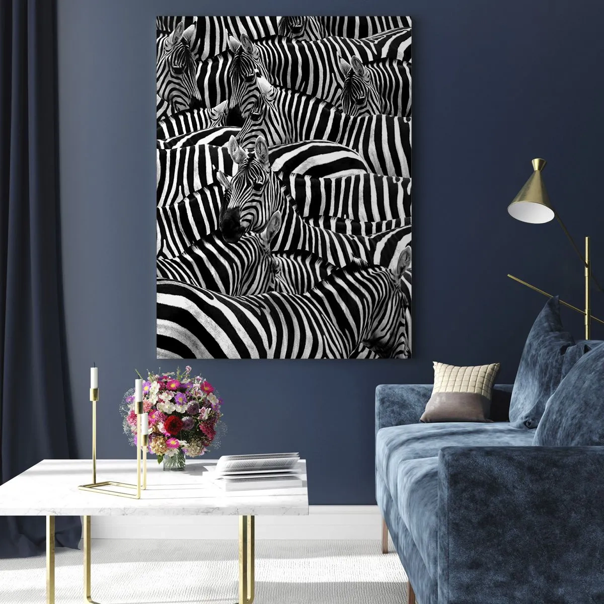 Glasbild - Bild auf glas - Eine Herde Zebras in Monochrom - 50x70cm - Gestreiftes Gruppenportrait - Moderne Wanddekoration für Wohnzimmer und Schlafzimmer ARTTOR