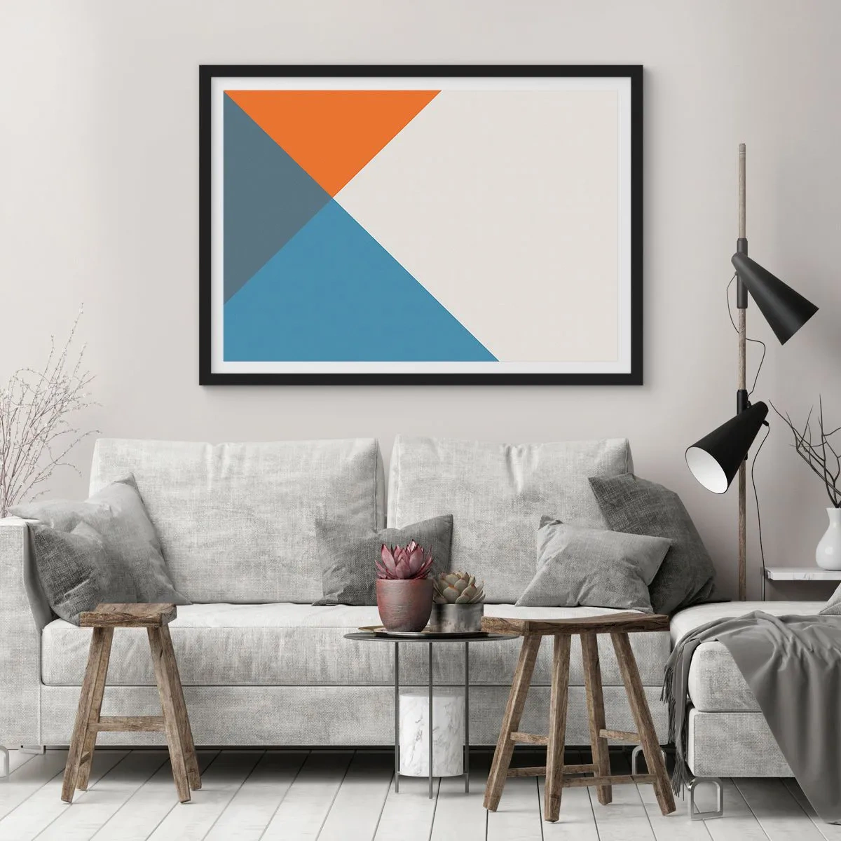 Poster in einem schwarzem Rahmen - Geometrische Dreiecke in Blau- und Orangetönen - 100x70cm - In einem Winkel… - Moderne Wanddekoration für Wohnzimmer und Schlafzimmer ARTTOR